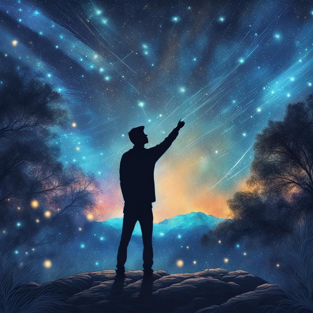 Person Watches Meteors in Astral Night Sky