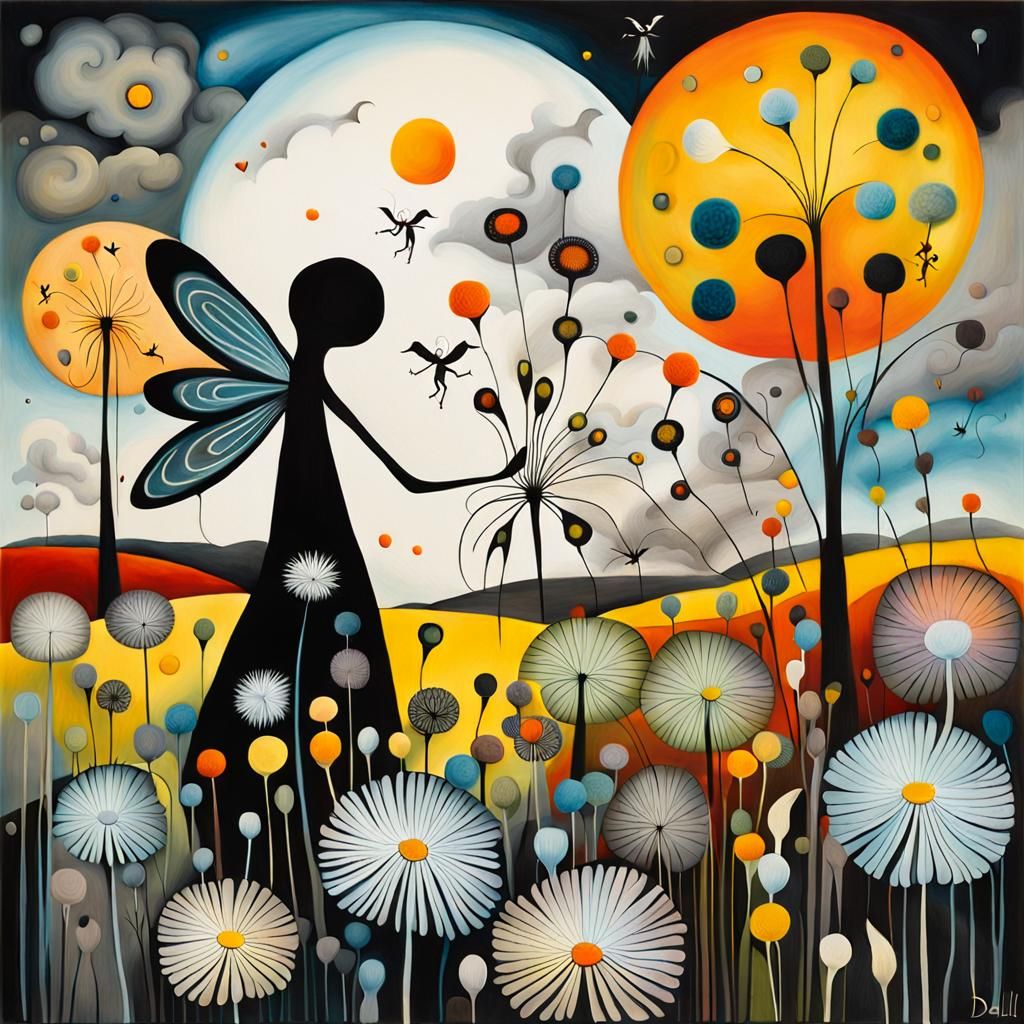 Fairies Making Wishes in Surrealist Dandelion Field