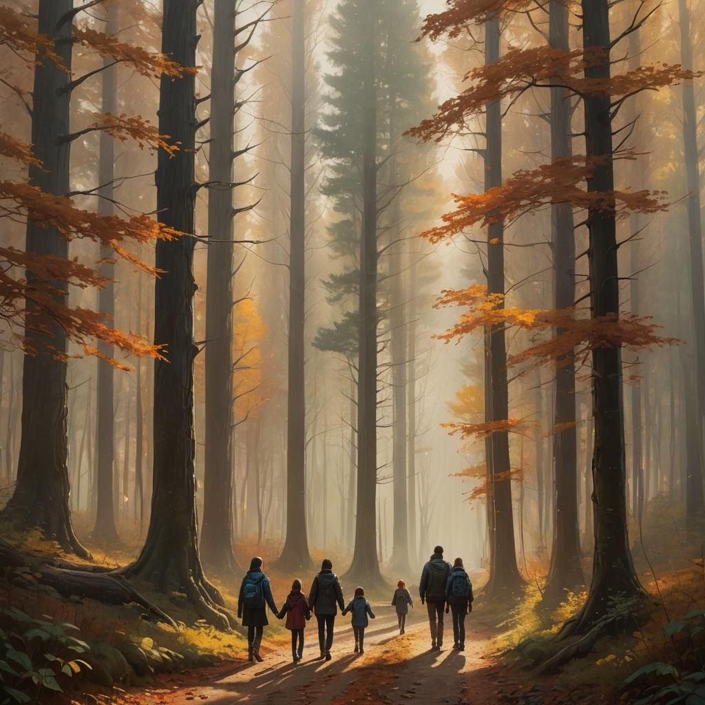 Family Walk in Autumn Forest: Hyperrealistic Art