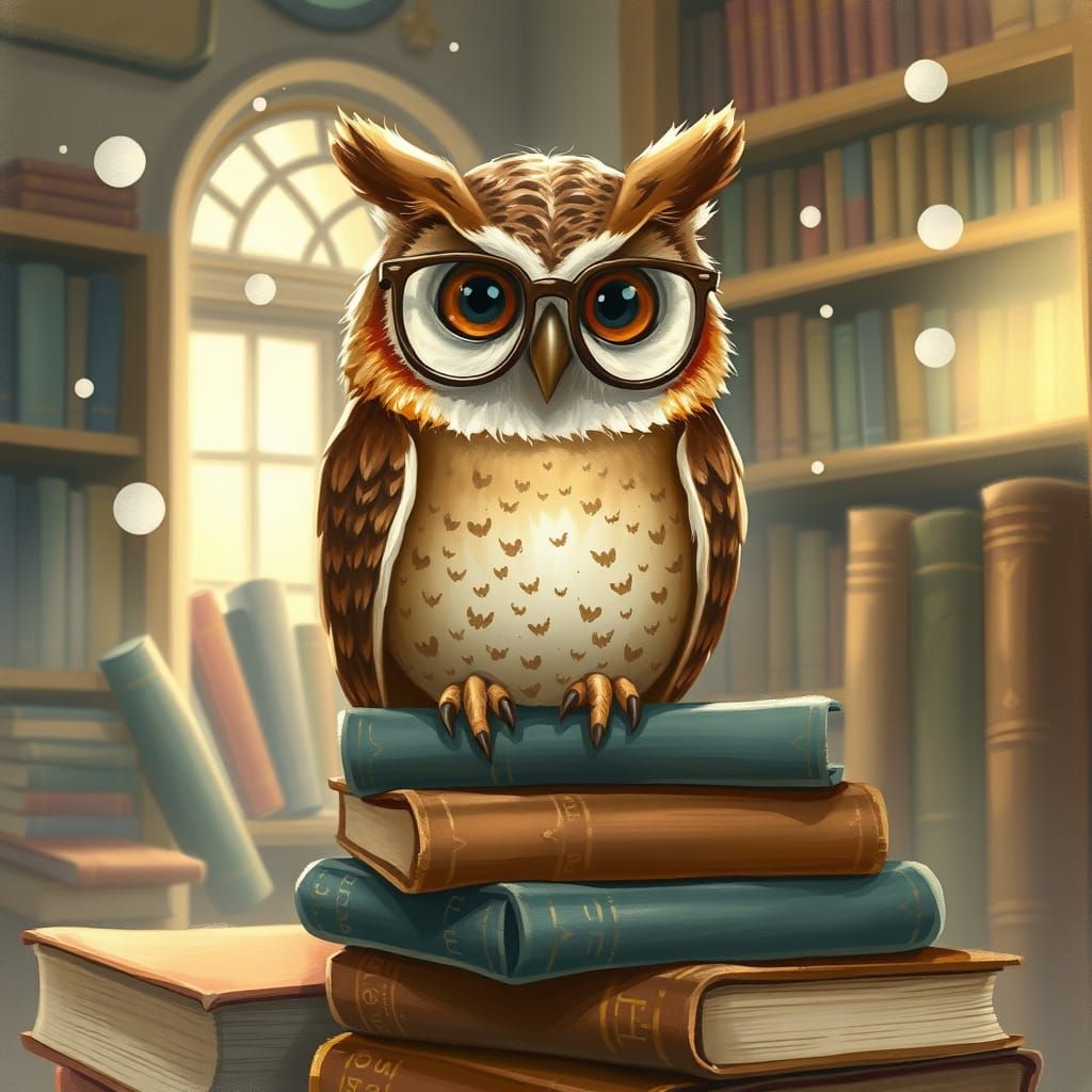 Whimsical Owl in Library Setting, Painterly Style