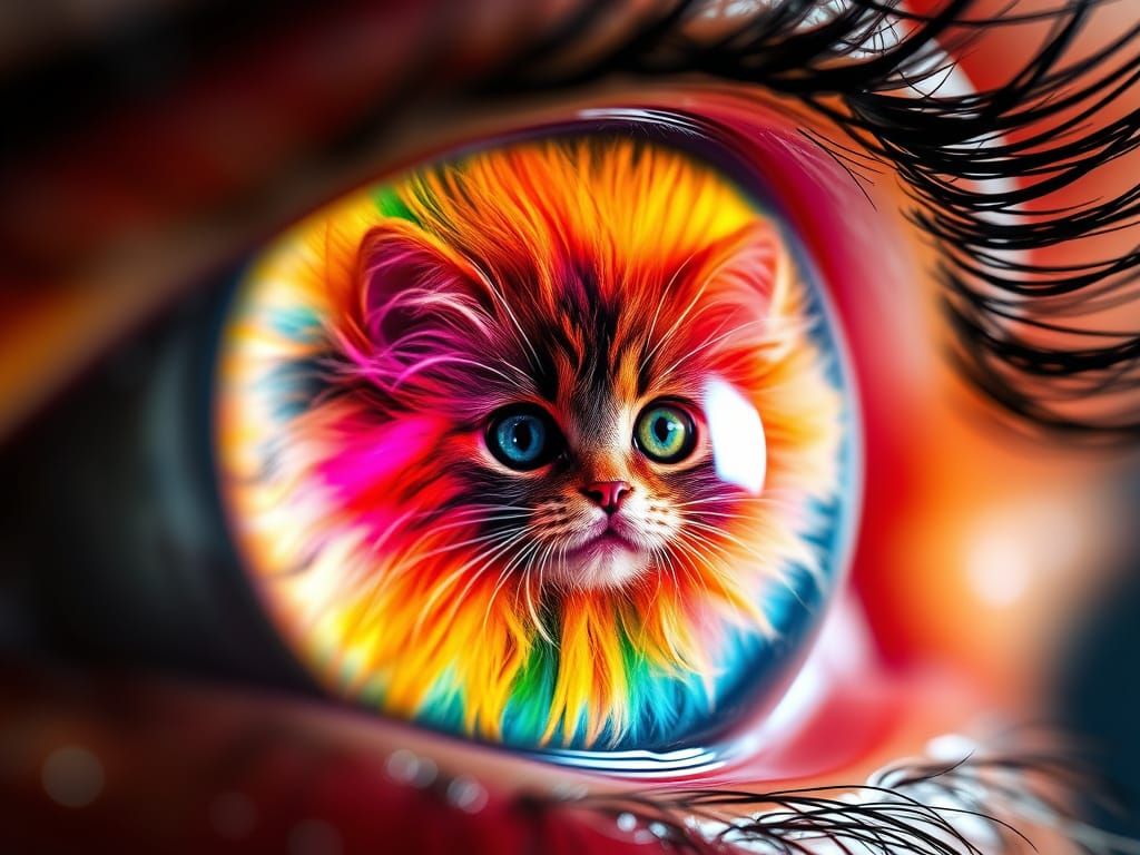 Vibrant Psychedelic Eye with Whimsical Feline Companion