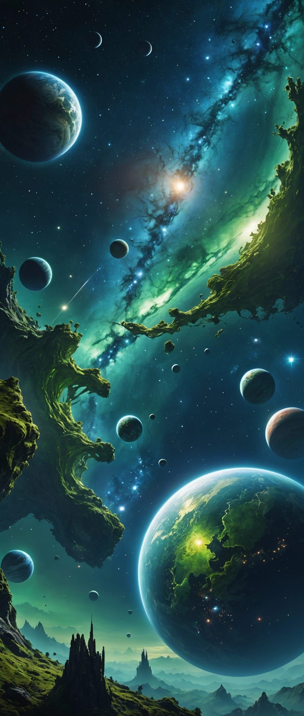 Infinite Galaxy with Silver Stars and Green Planets