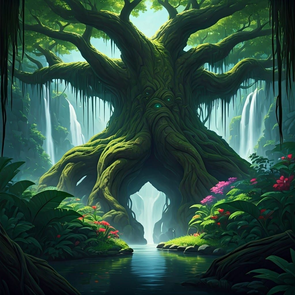 Mystical Jungle: Giant Trees and Waterfall in Fantasy Art St...