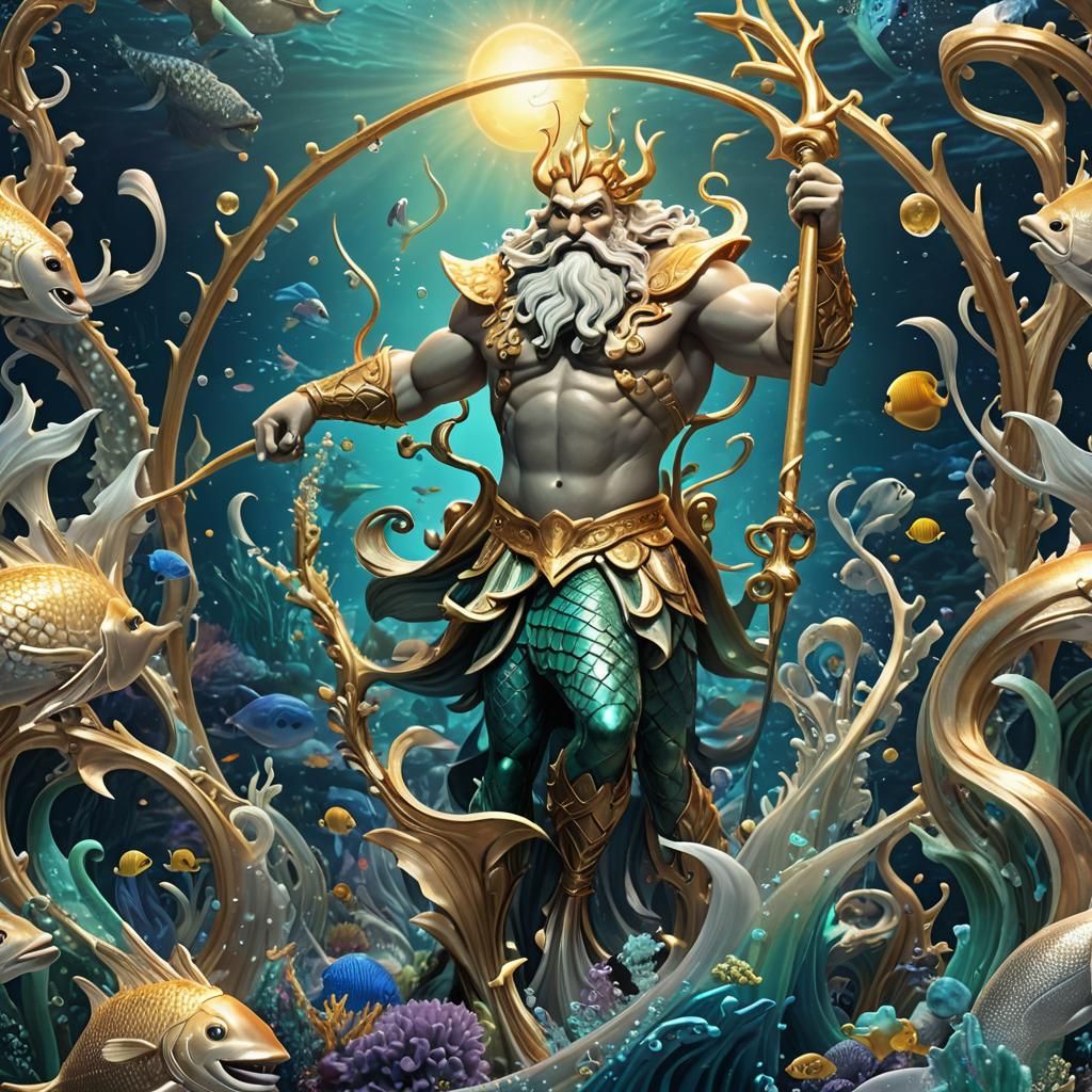 Majestic King Triton Rises from Bioluminescent Sea