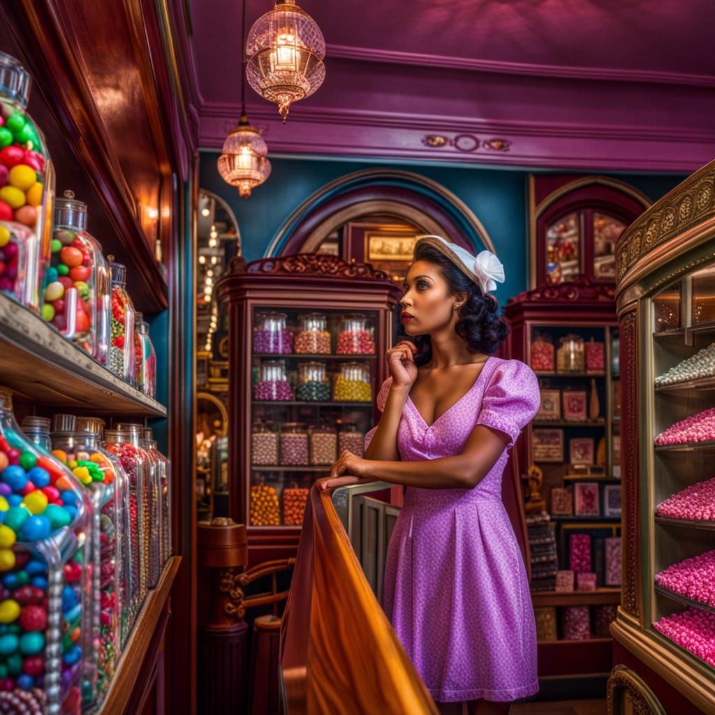 Hyperrealistic Woman in an Old-Fashioned Candy Shop