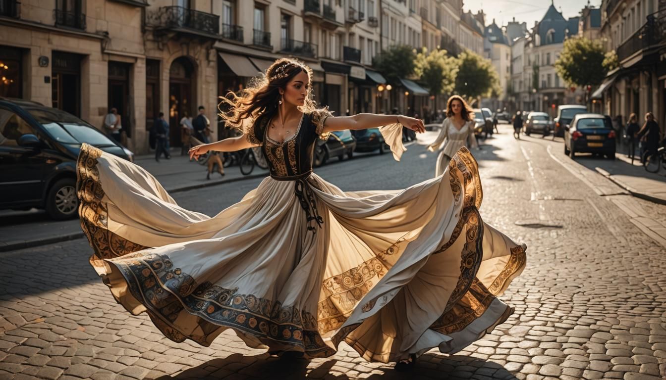 Gypsy Woman Twirling in Street, Art Nouveau Style