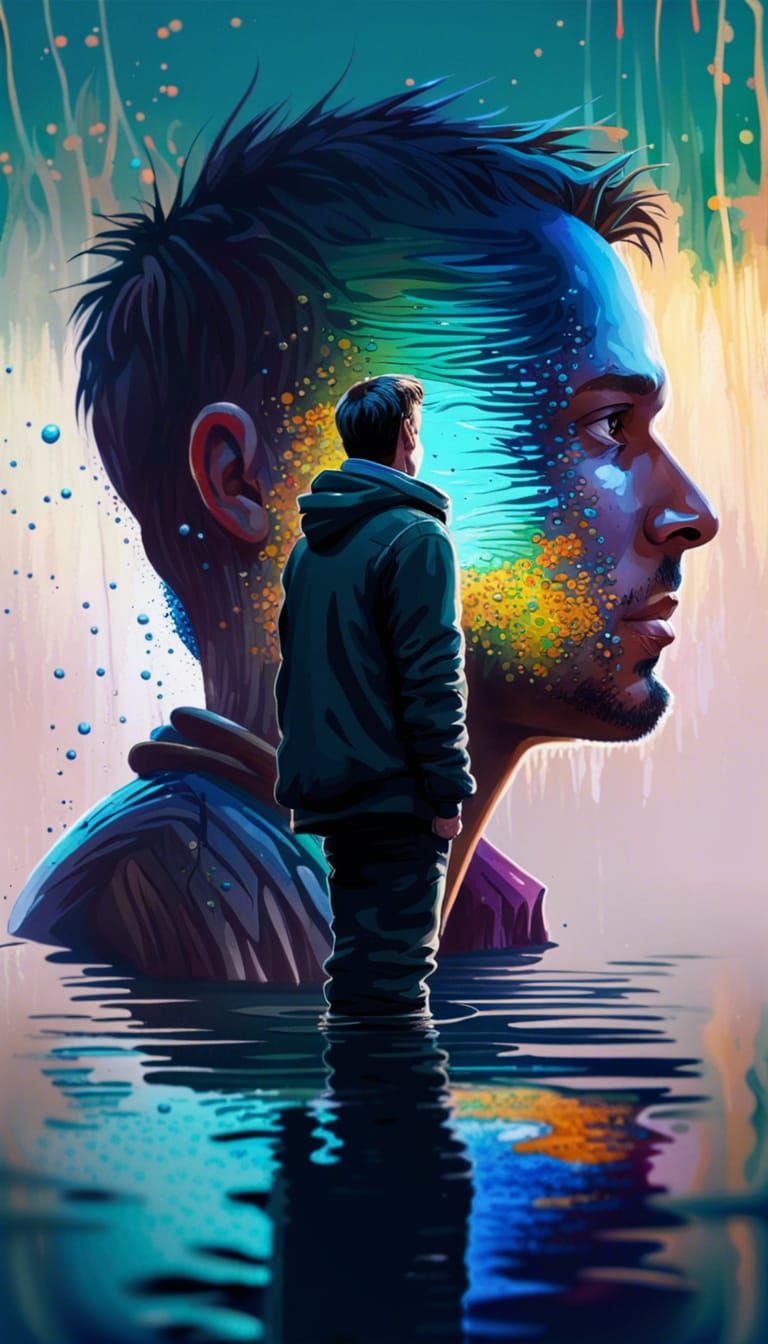 Man Contemplates Pond in Hyperrealistic Splash Art