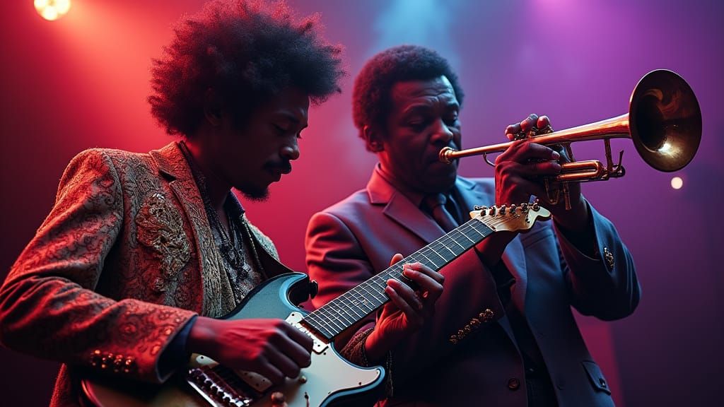 Hendrix and Davis Jam in Psychedelic Neon Studio