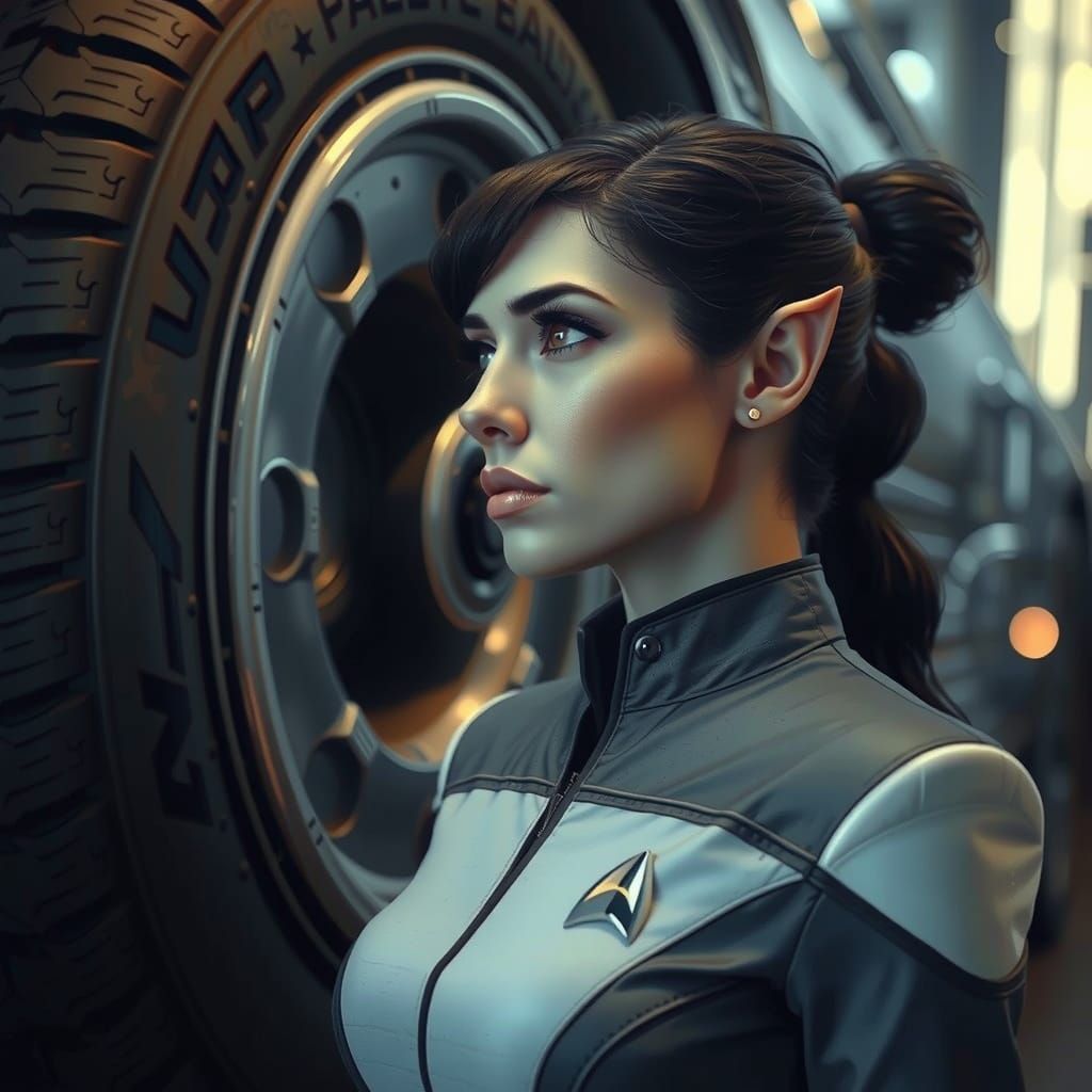 Vulcan Woman Intrigued by Tire: Hyperrealistic Garage Scene