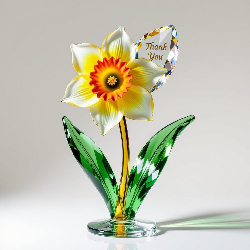 Glass Daffodil Statue with Crystal Leaf and Golden Stem