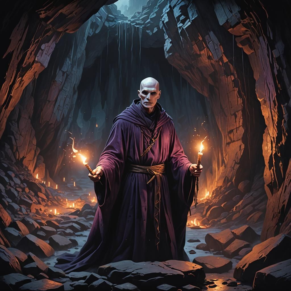 Voldemort in Dark Cave with Wand: Dark Fantasy