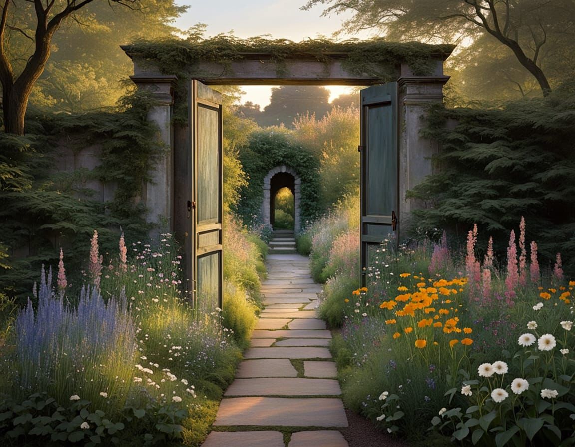 Surreal Garden Oasis in Soft Evening Light