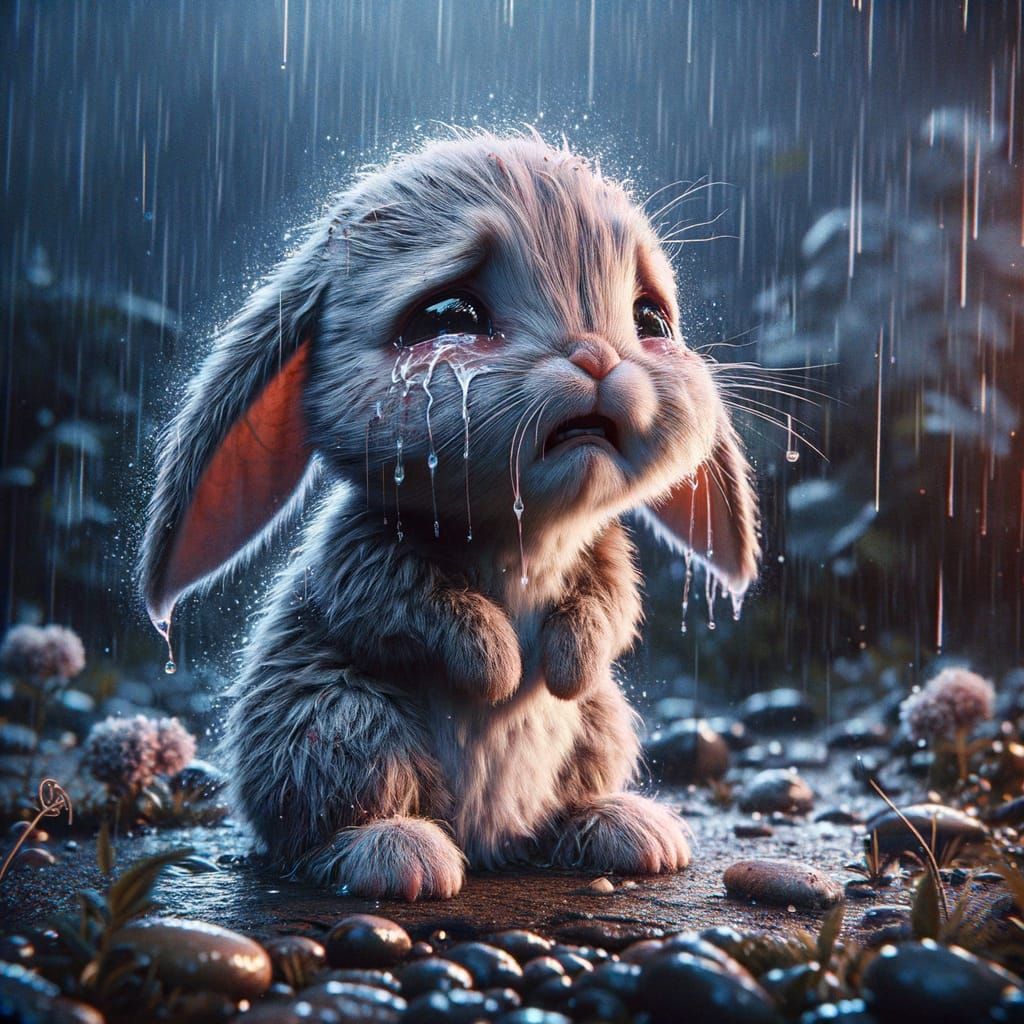 Sad Bunny in Rainy Scene: Concept Art