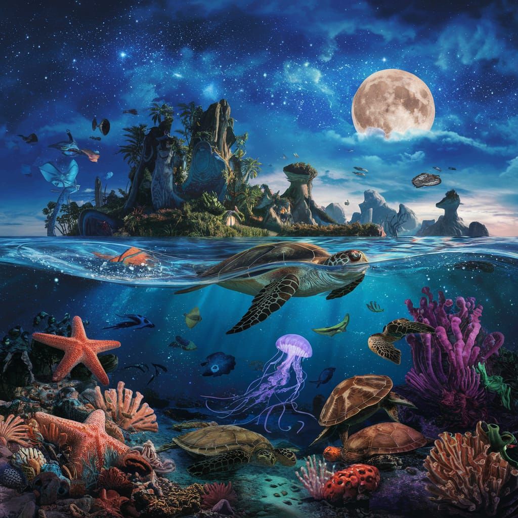 Fantastical Ocean Scene with Glowing Moon, Matte Painting
