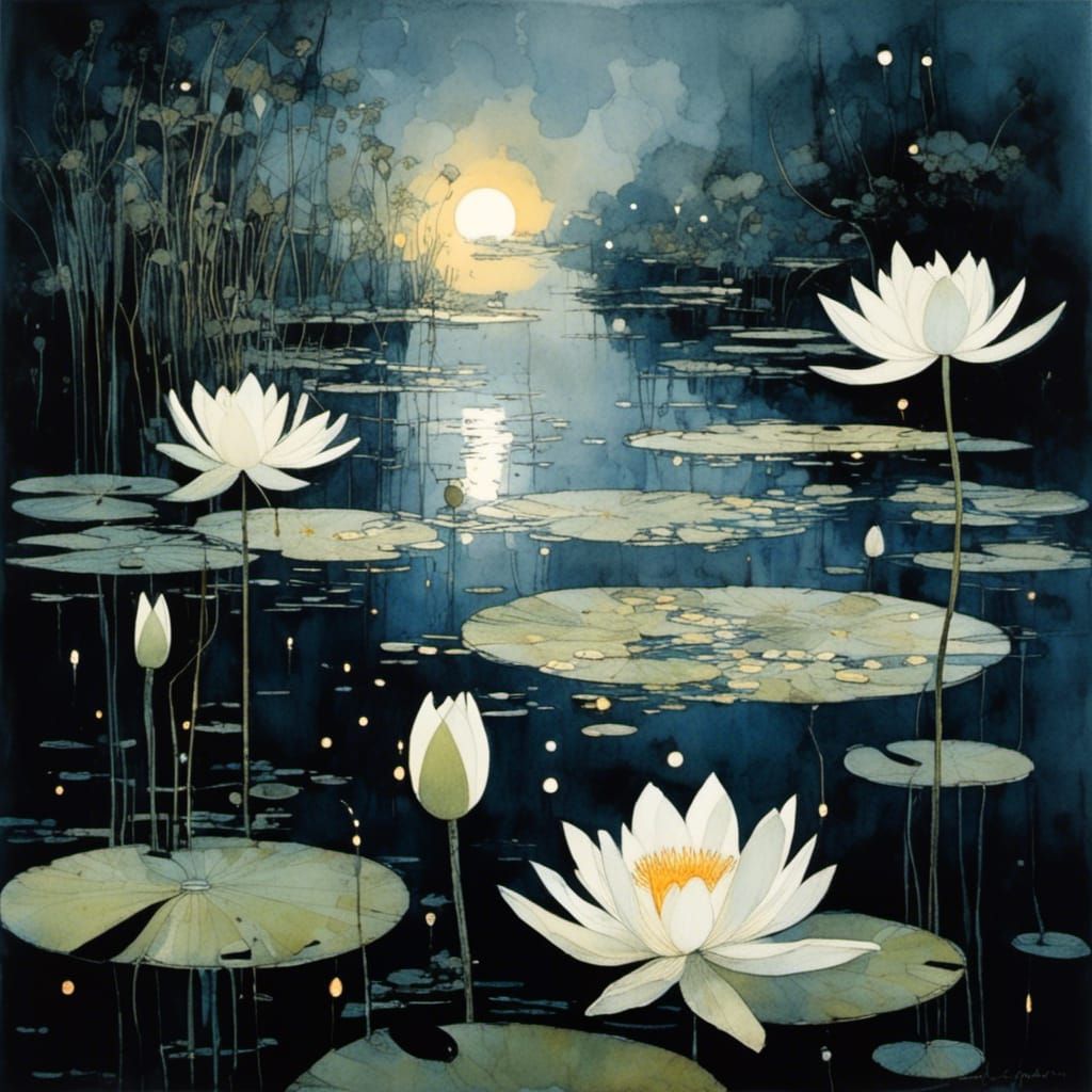 Moonlit Water Lilies with Fireflies, Detailed Digital Art