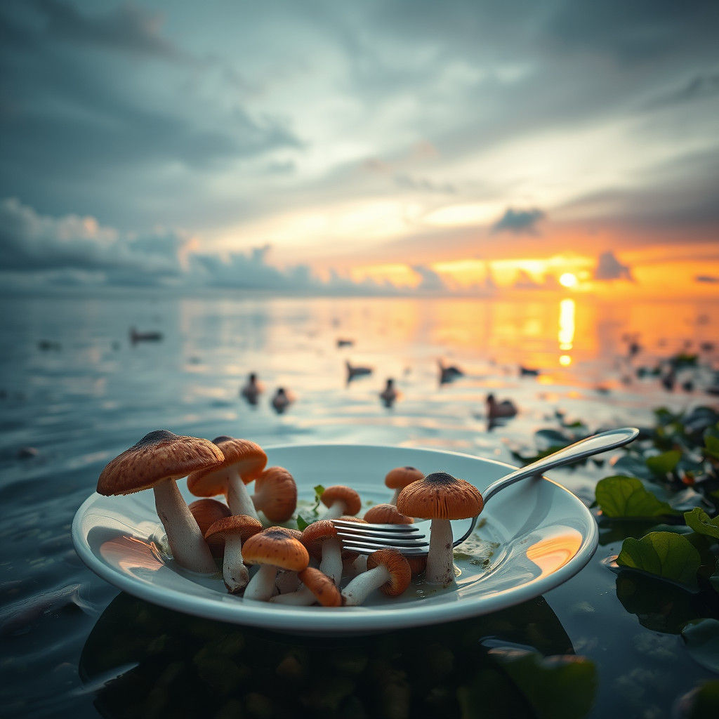 Surreal Sunset Beach with Mushroom Dish