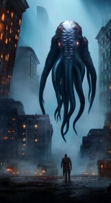 Cthulhu in Dystopian City: Dark Digital Painting