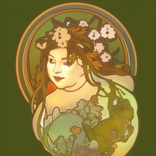Botanical Frog Lady Dances: Alphonse Mucha Style