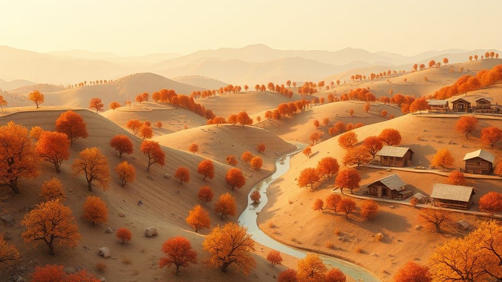 Autumnal Valley Landscape in Ukiyo-e Papercraft Style