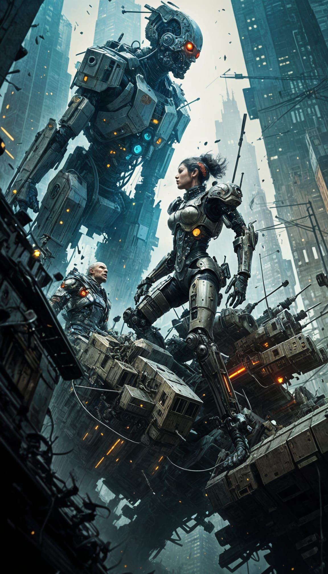 Intricate Oil Painting of Cyberpunk Battle in a Bustling Met...