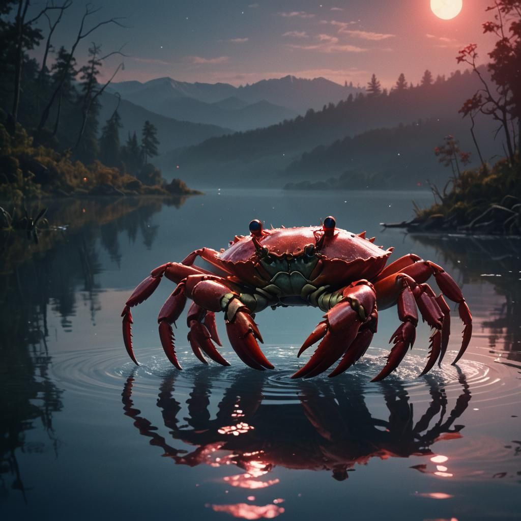 Giant Red Crab Emerges from Moonlit Lake