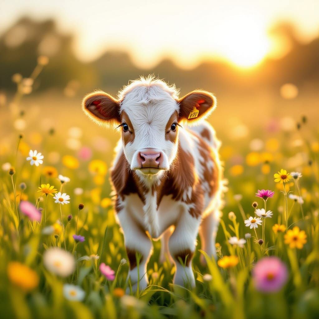 Fluffy Baby Cow in Sunlit Wildflower Meadow