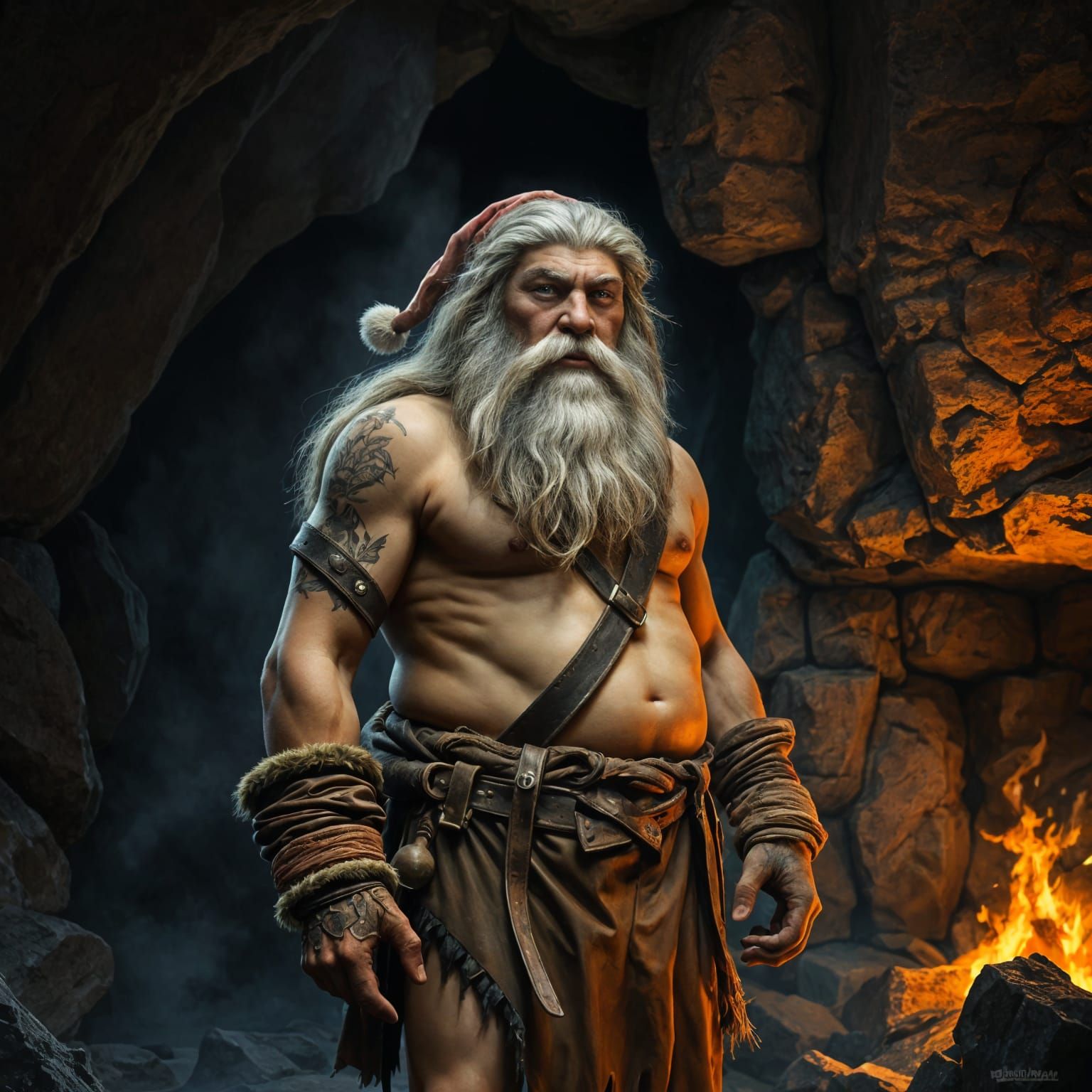 Neanderthal Santa in a Prehistoric Cave