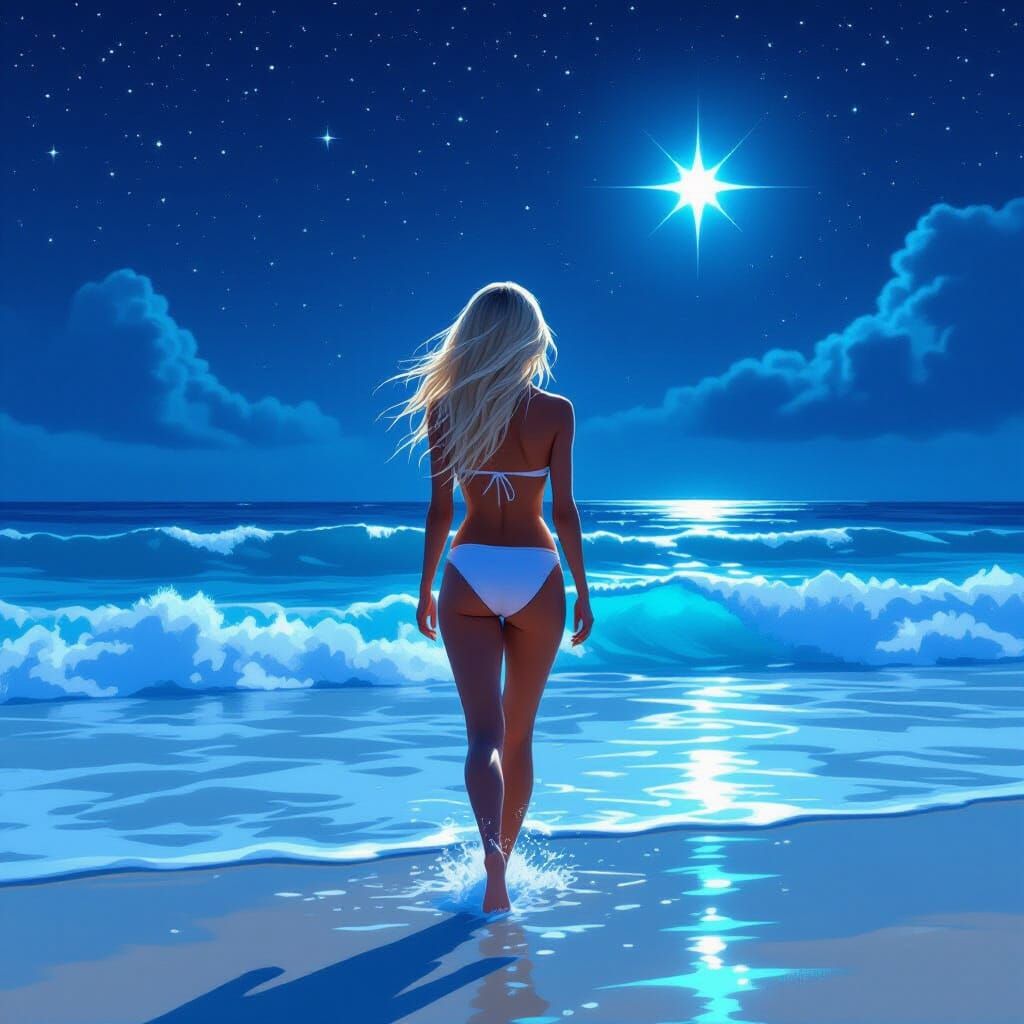 Bioluminescent Beach Walk Under Starlight, Digital Art