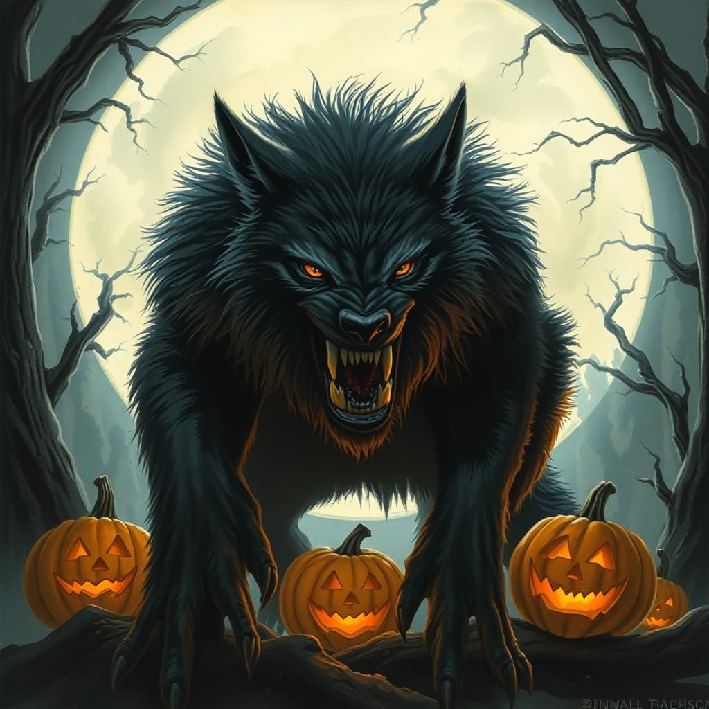 Eerie Werewolf in Misty Forest Illustration