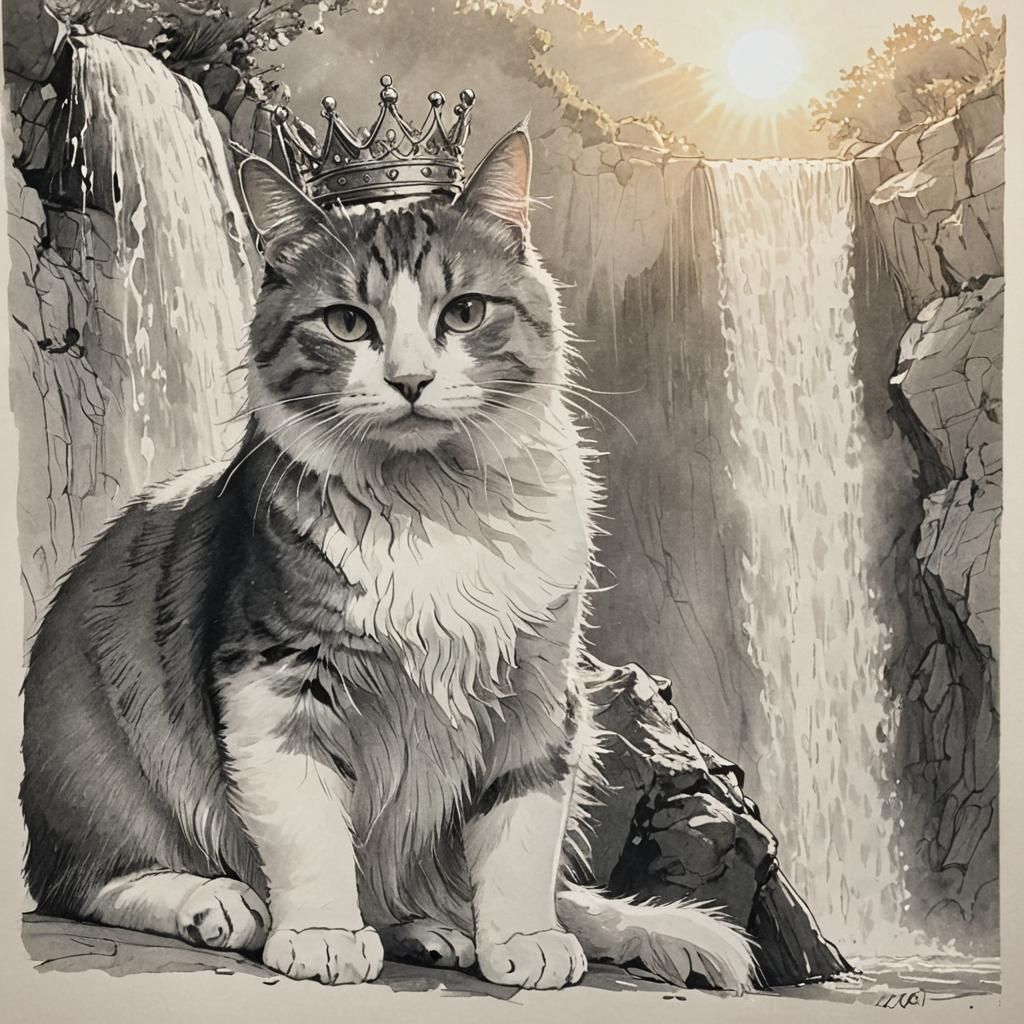 Crowned Cat by Waterfall: Sunlight Sketch
