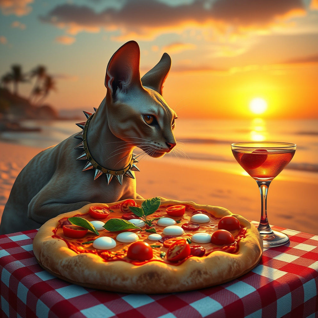 Sphynx Cat's Beach Pizza Feast: A Digital Painting