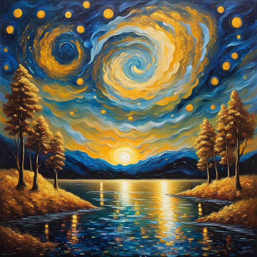 Luminous Starry Night on Golden Lake as Impressionist Oil Pa...