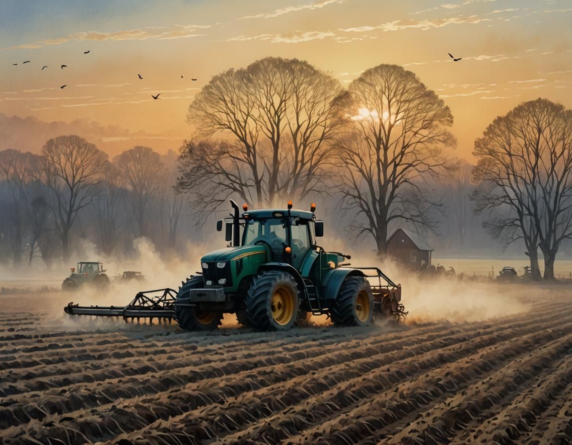 Tractor in Fog: a Watercolor Field Scene