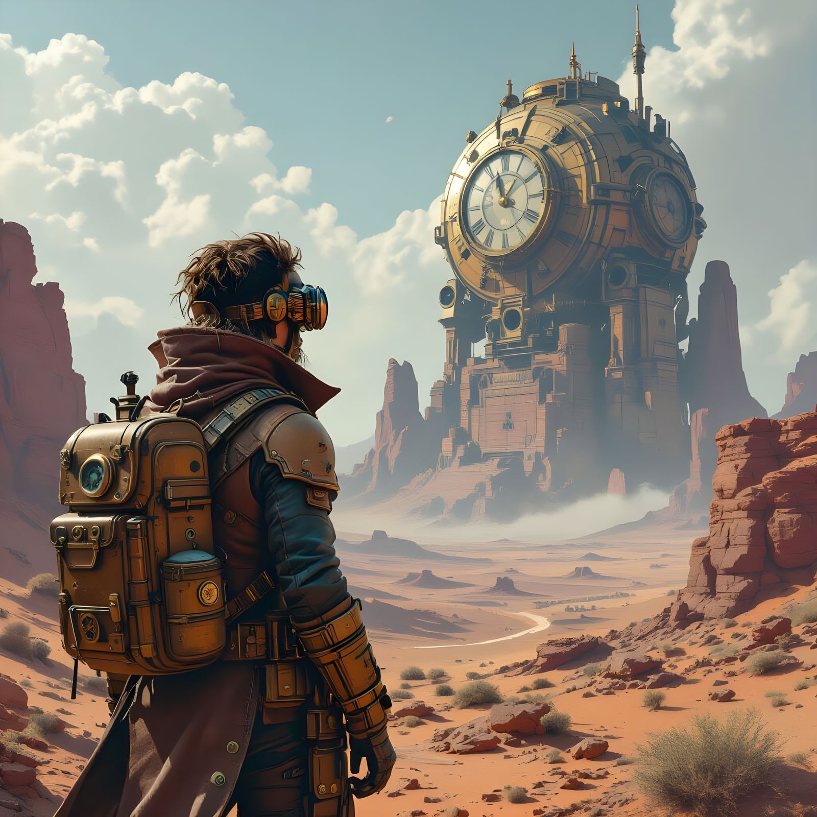 Steampunk Explorer and Clockwork Colossus in Alien Desert