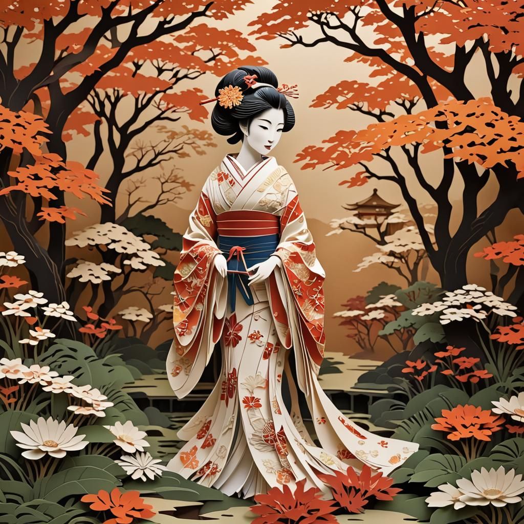 Geisha in Japanese Garden: Kirigami Paper Cut Art