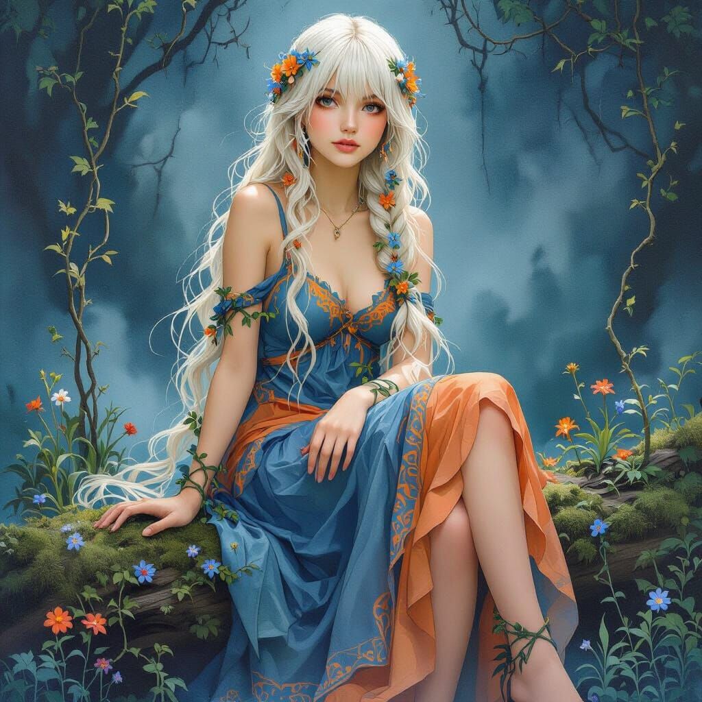 Mixed mania, watercolor, oil, painting of a realistic girl with long messy, white ginger, brown hair, bangs, and braids,...