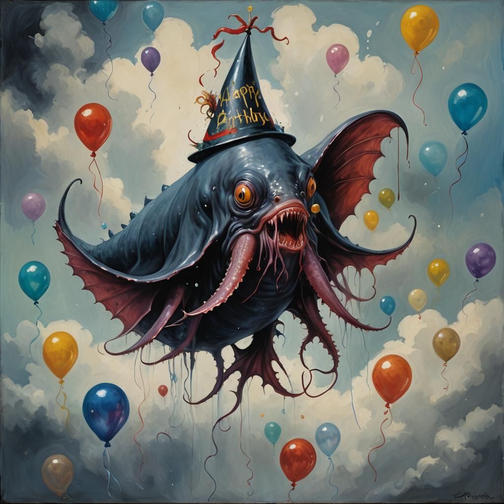 Vampire Squid Celebrates Birthday as Oil Painting