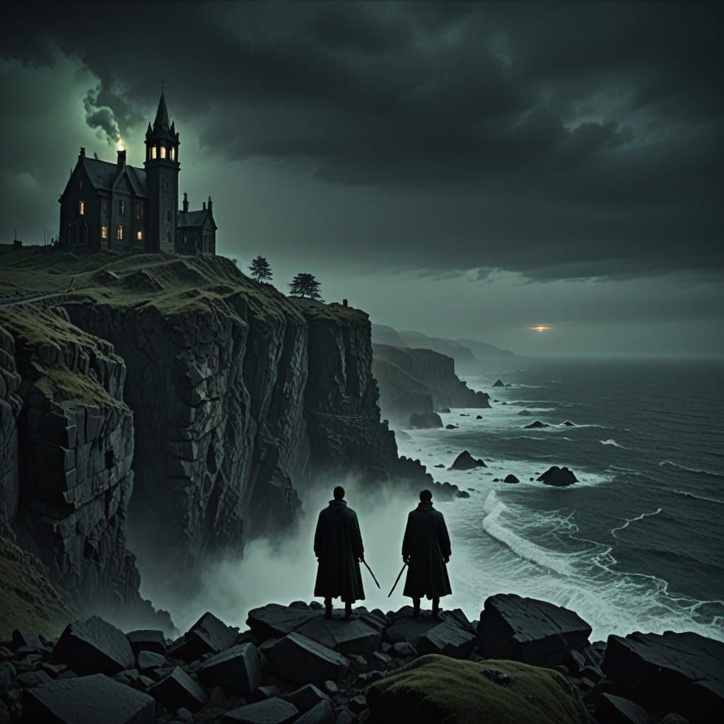 Gothic Figure Stands on Cliff's Edge, Mysterious Fog Rolls I...