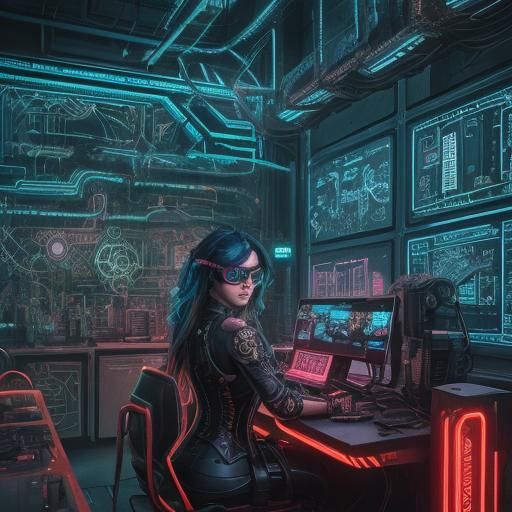 Cyberpunk Steampunk Interior with Neon Lights