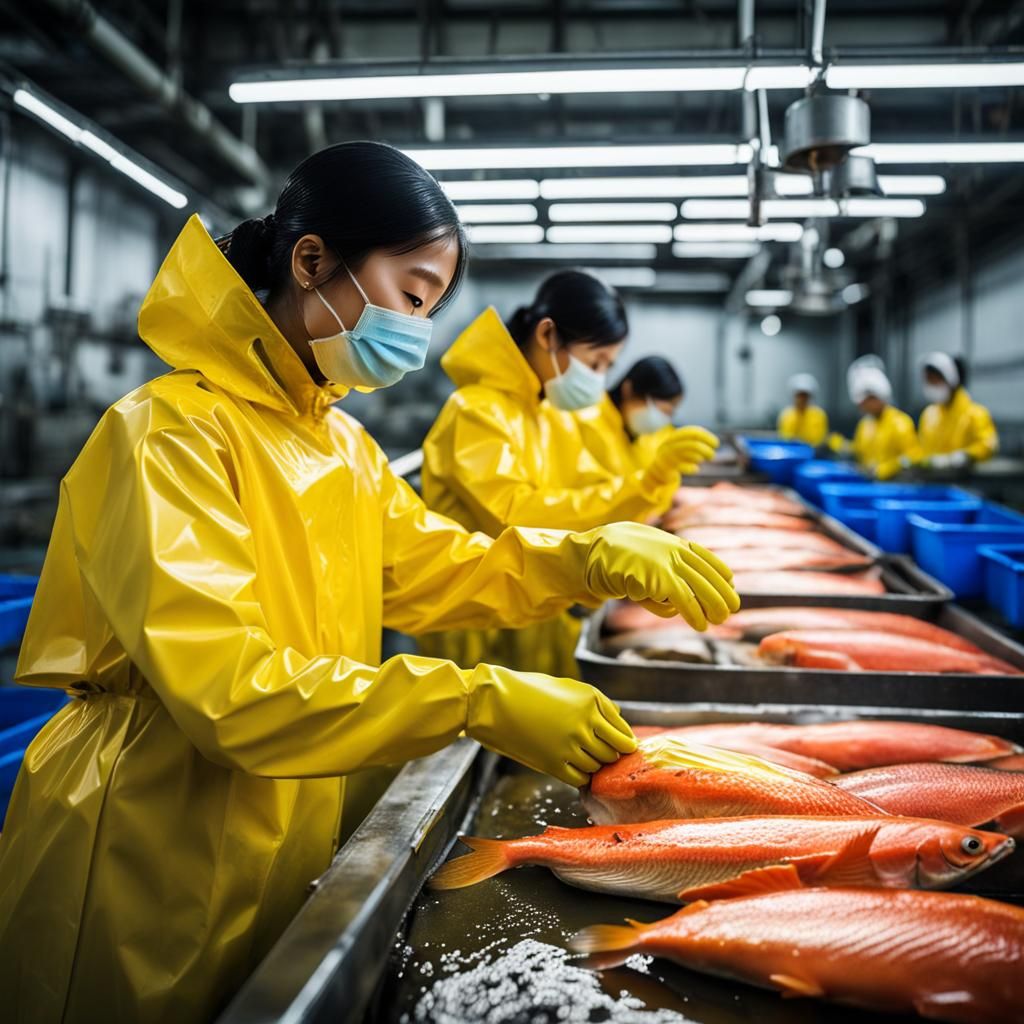 Salmon Factory Workers in Yellow Rainsuits