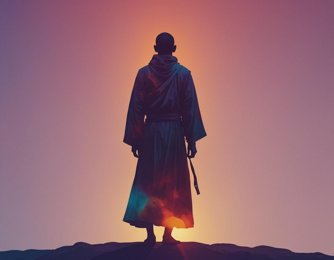 Psychedelic Monk Silhouette Against Aura Sunset