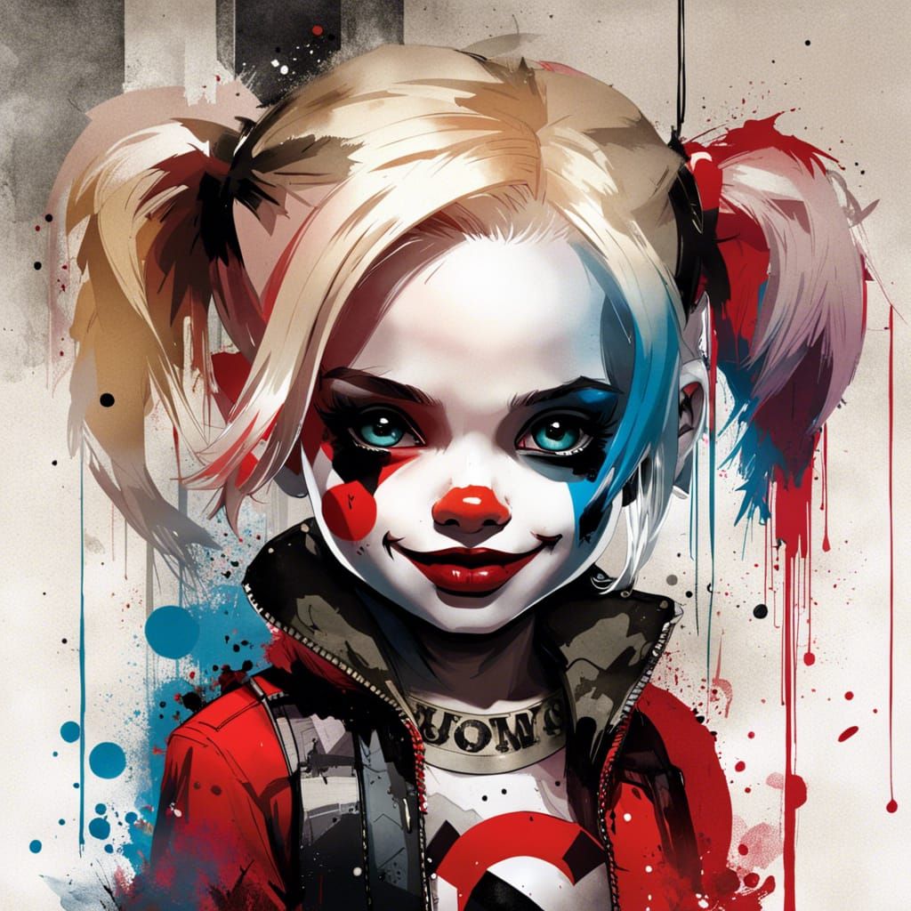 Adorable Chibi Harley Quinn Portrait in Splash Art Style