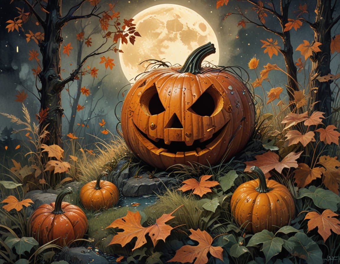 Creepy Jack-o-Lantern Among Fall Leaves Under Full Moon