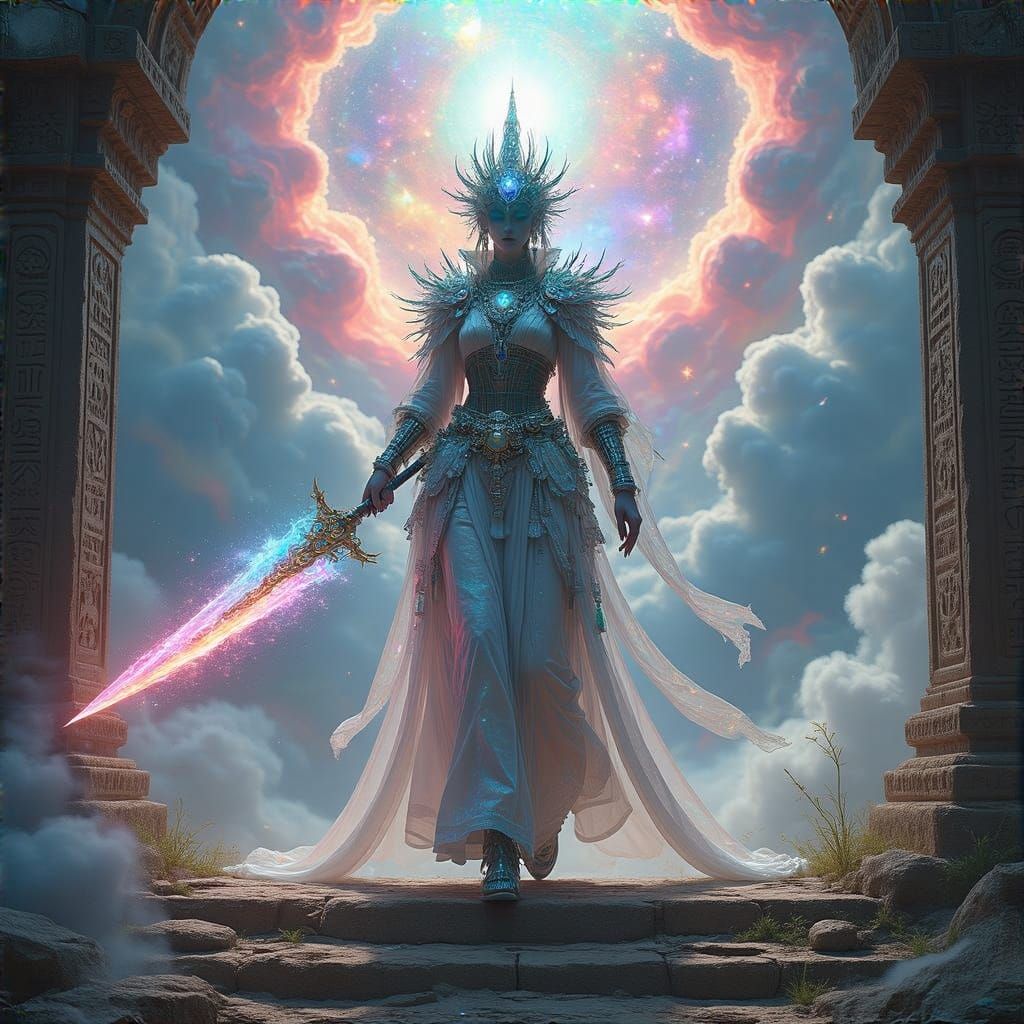 Divine Warrior Descends in Shimmering Armor, Wielding Ethere...