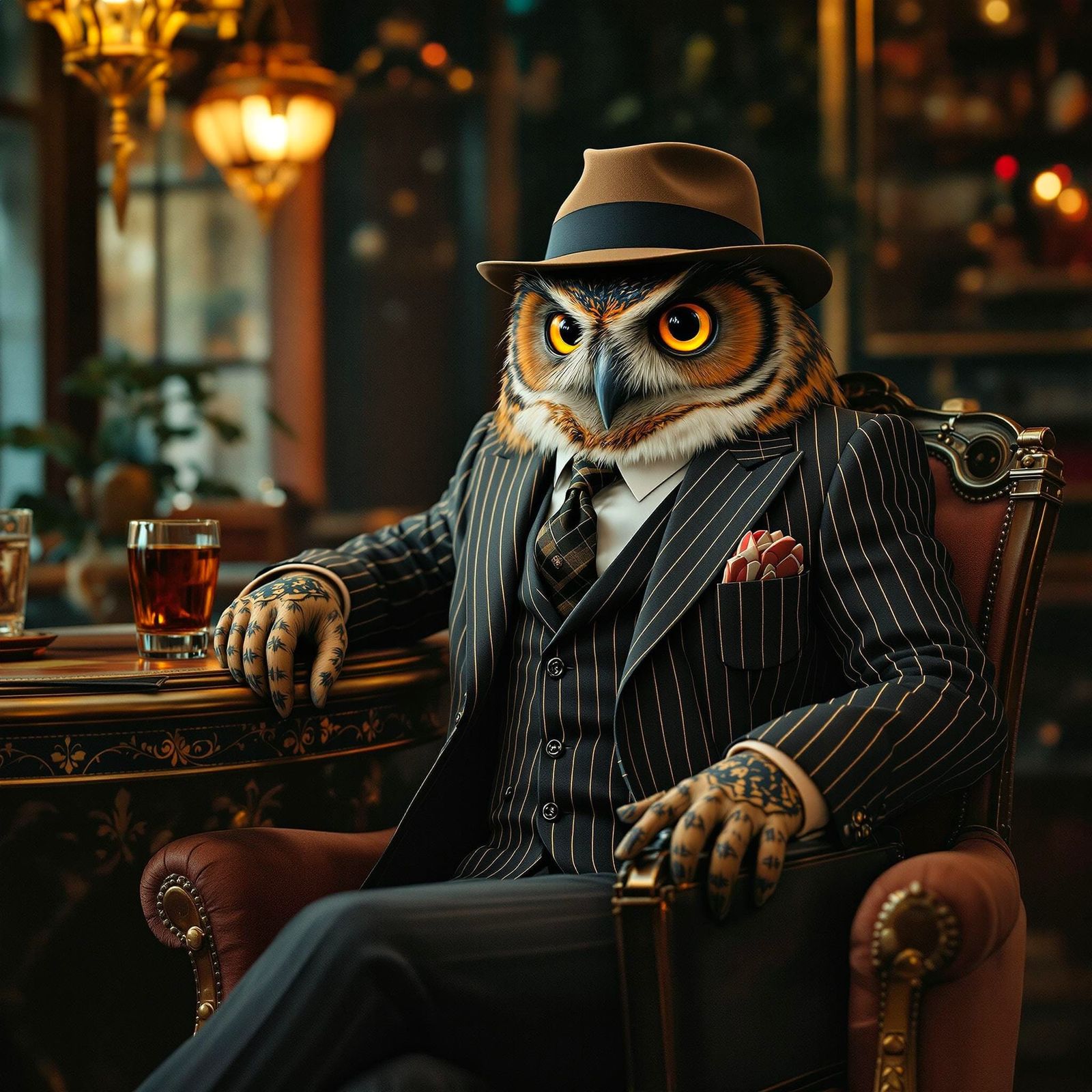Owl Spy in 1920s Speakeasy, Art Nouveau Style