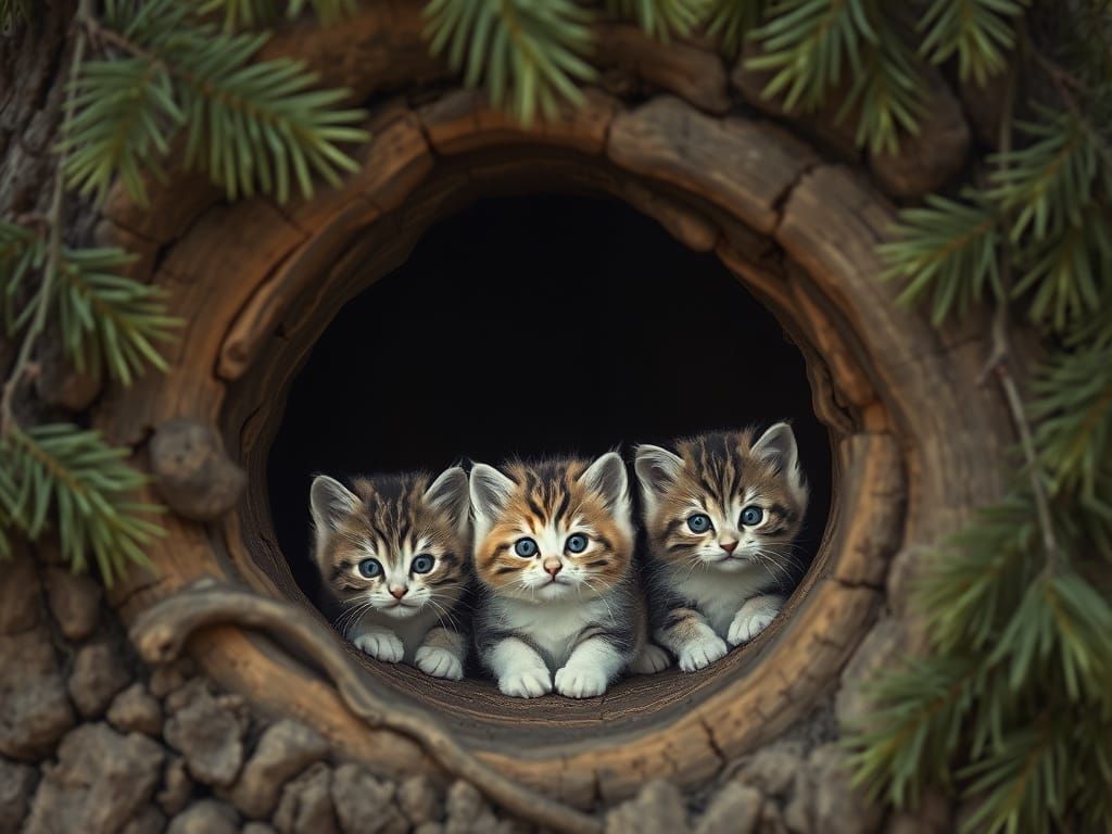 Kittens Hide in Hollow Tree, Art Nouveau Style