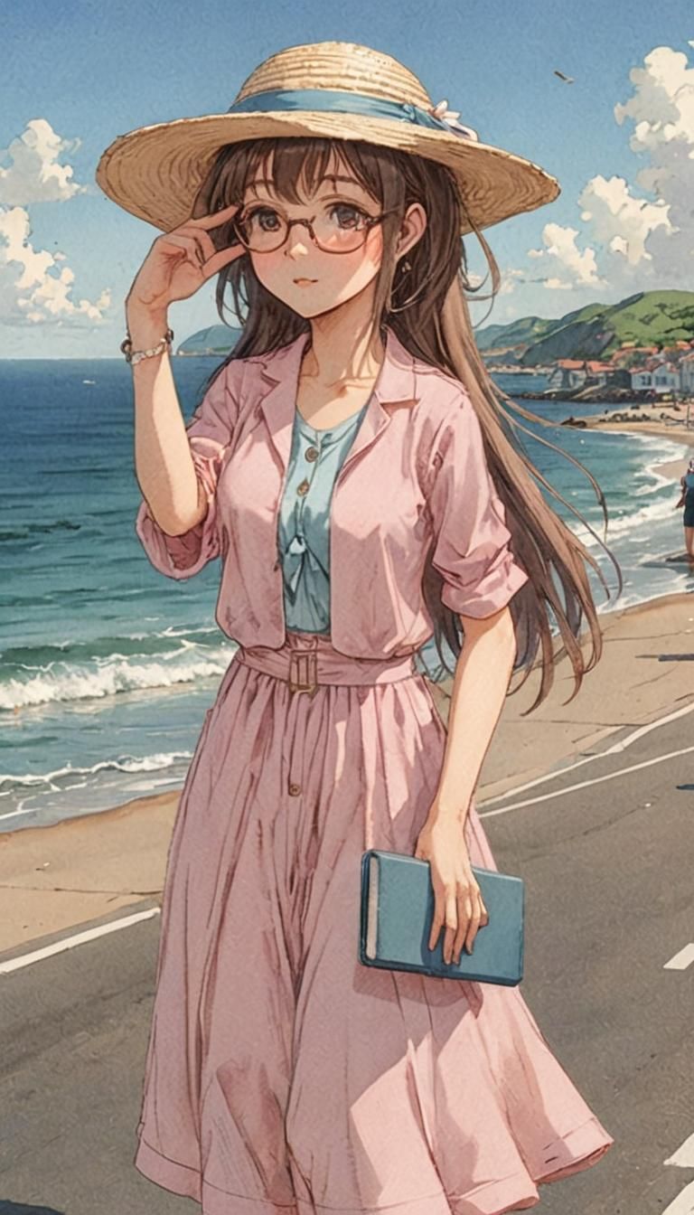 Girl on Seaside Street in Anime Style