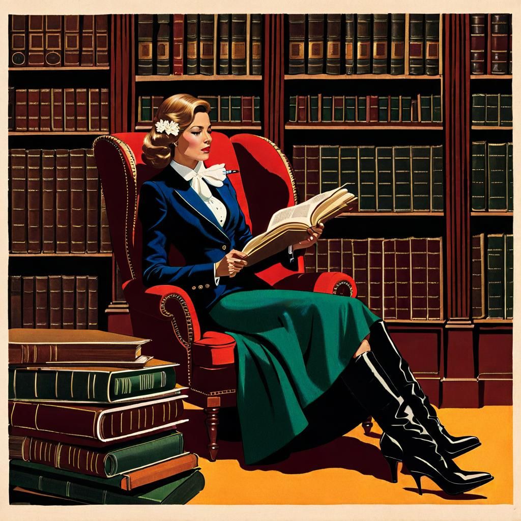 Woman Reading with Cigar in Smoky Library