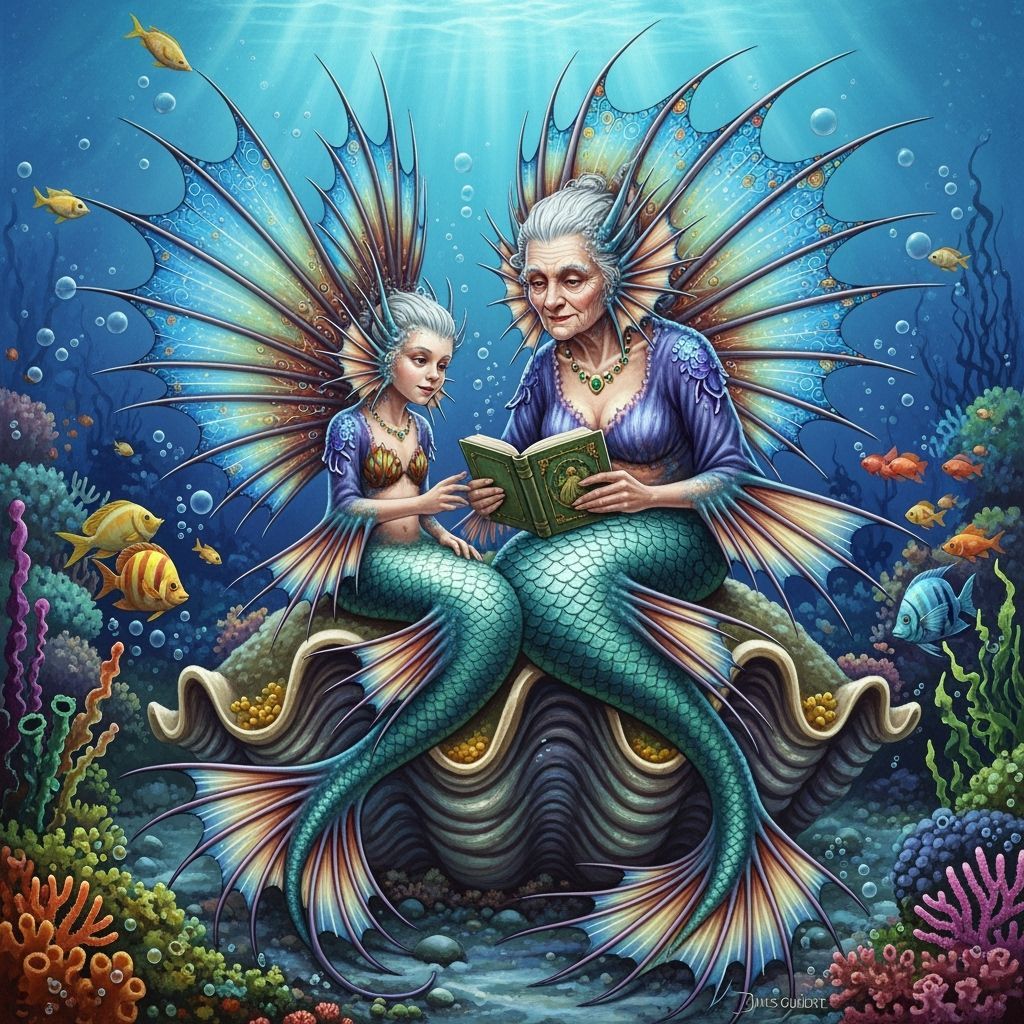 Merfolk Reading on Giant Clamshell Amidst Corals