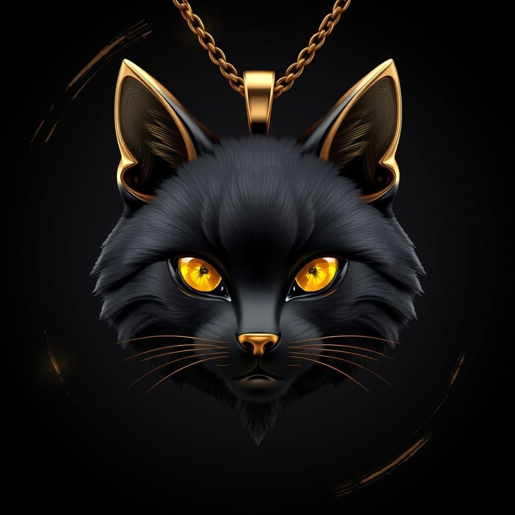 Luxurious Black Cat Head Pendant in 3D with Photorealistic D...